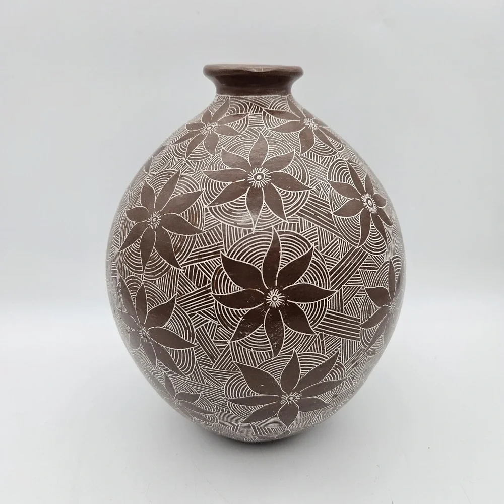 Handmade Etched Carved Floral Geometric Studio Pottery Vase Brown White Boho 8